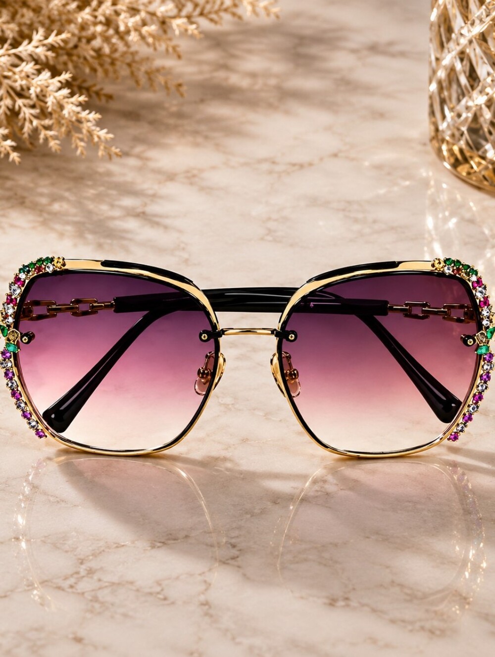 Women’s Rhinestone Sunglasses Pink Gradient Lens Gold Tone Oversized